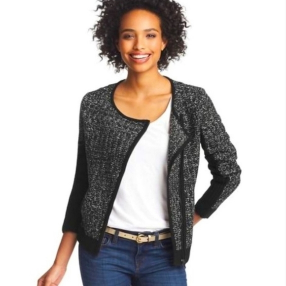 Loft Marled Black Tweed Knit Moto Jacket Sweater Embellished Spring Mobwife - Picture 1 of 15